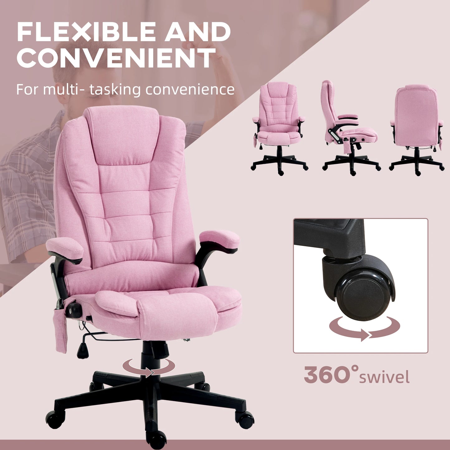 Massage Office Chair with 6 Vibration Points and Heat Pink Linen Executive Chair