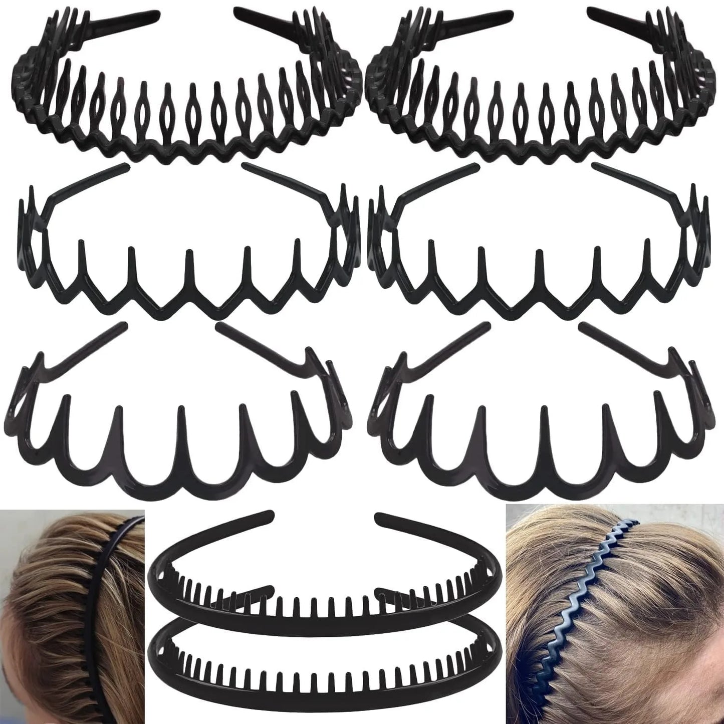 8 PCS Fashion No Slip Effortless Plastic Headbands Black
