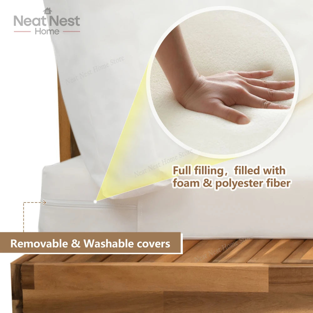 4 Piece Acacia Wood Patio Furniture L Shaped Sectional Sofa Set with Coffee Table and Built in Side Table