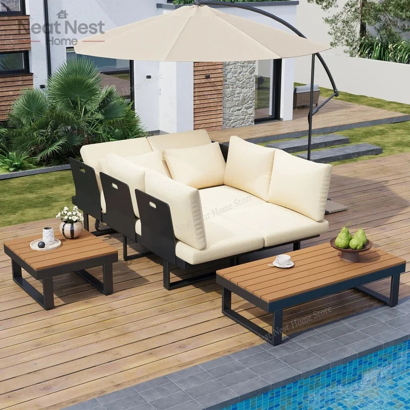 Adjustable Reclining Outdoor Sectional Sofa Set for Backyard Poolside and Balcony Beige Patio Furniture