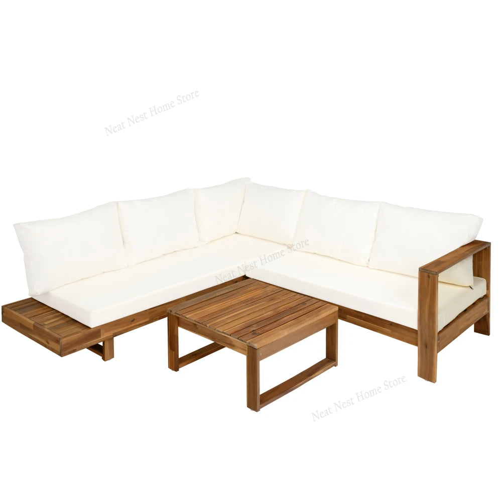 4 Piece Acacia Wood Patio Furniture L Shaped Sectional Sofa Set with Coffee Table and Built in Side Table