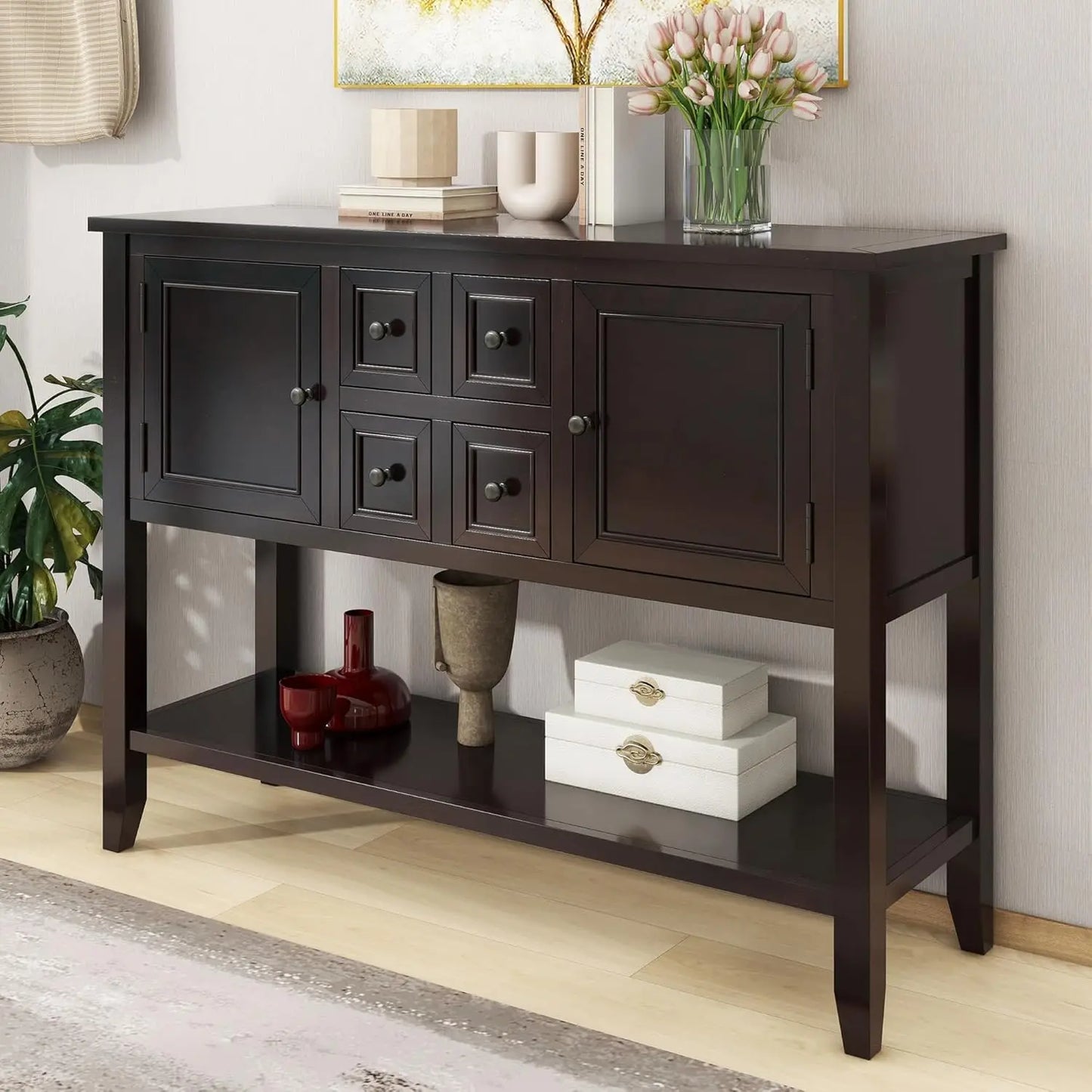 Console Table Sideboard Sofa Entryway Side Table Furniture with Six Drawers and Bottom Shelf for Living Room Home Decor