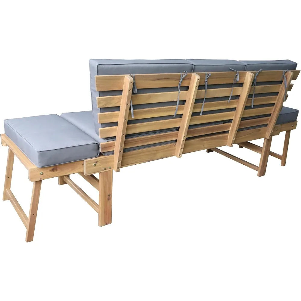 Outdoor Acacia Wood Patio 3 Seat Lounge with Fold Down Center Table Weather Resistant Outdoor Furniture