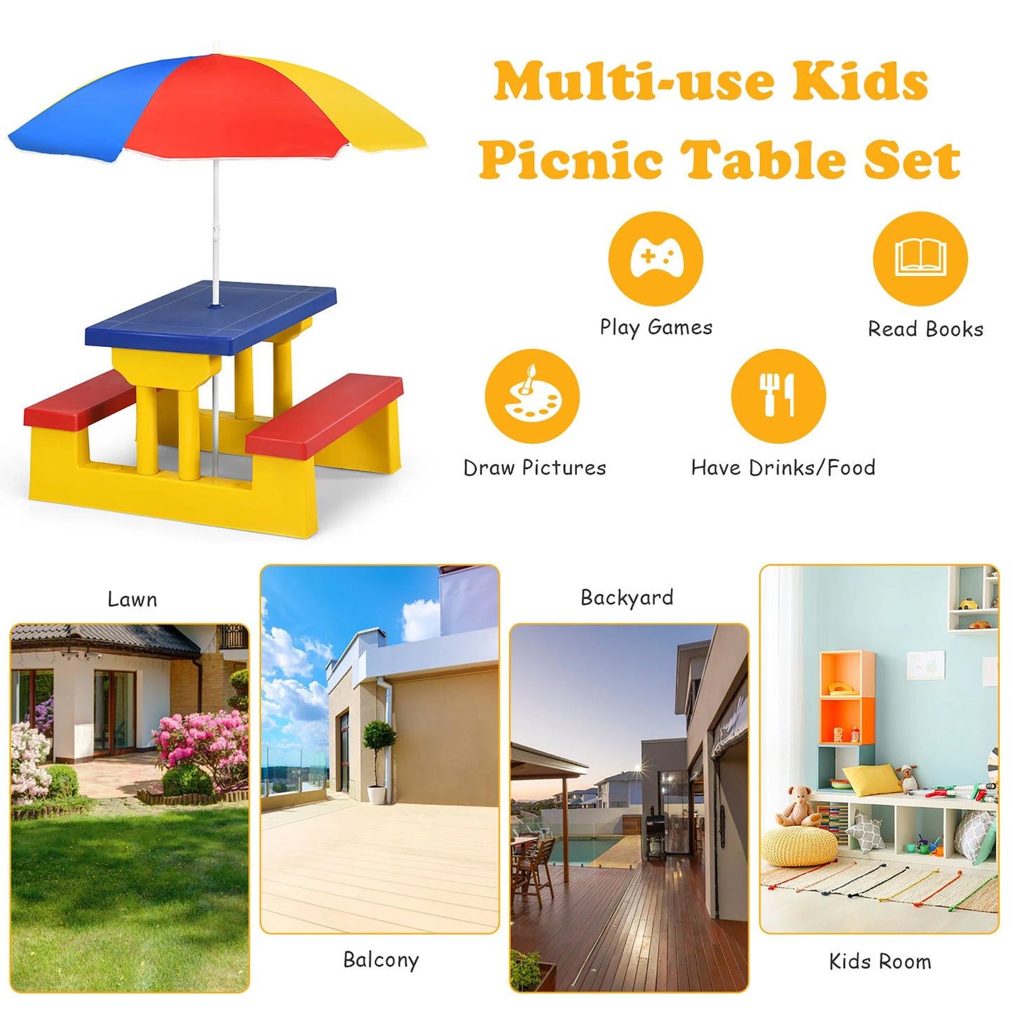 Kids Picnic Table Set With Removable Umbrella for Indoor Outdoor Garden Patio
