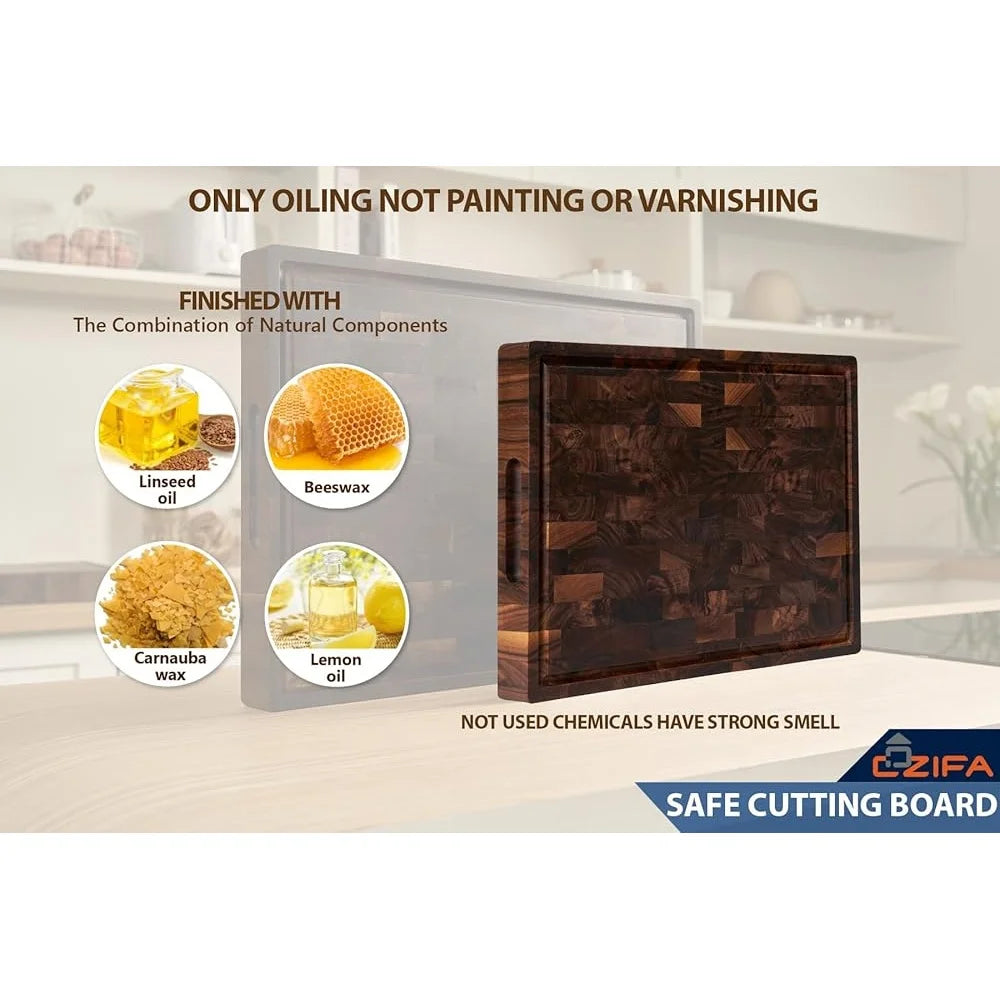 American Walnut Wood Cutting Board with Juice Groove Built-In Handles Reversible End Grain Kitchen Gift Box Sustainable Durable