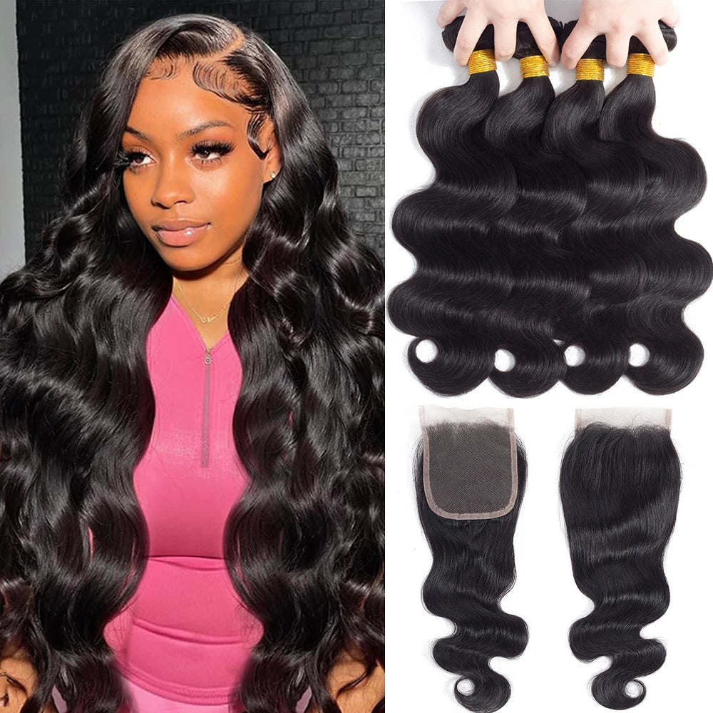 10A Brazilian Body Wave Bundles with 4x4 Lace Closure Brown Blonde Human Hair Remy 3/4 Bundles