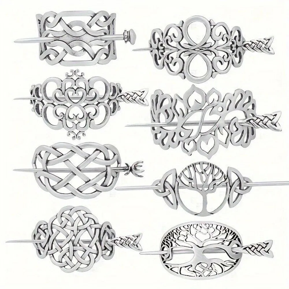 8PCS Hair Clips Viking Celtic Hair Sticks Retro Barrette