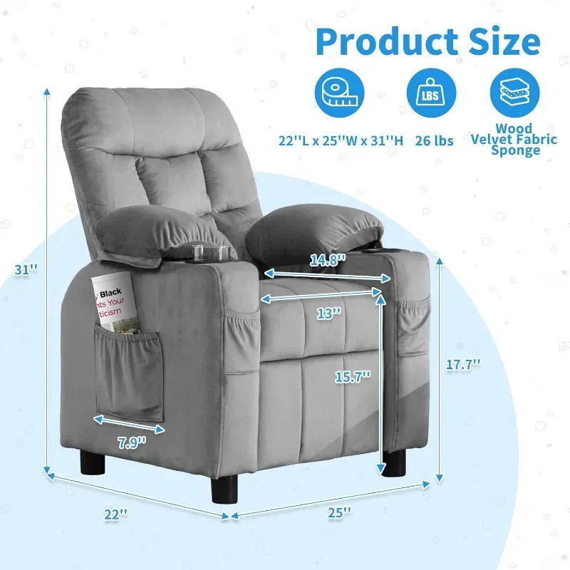 Toddlers Kids Recliner Chair Ergonomic Adjustable Chair with Footrest and Side Pockets Baby Sofa for Boys and Girls Bedroom Gray