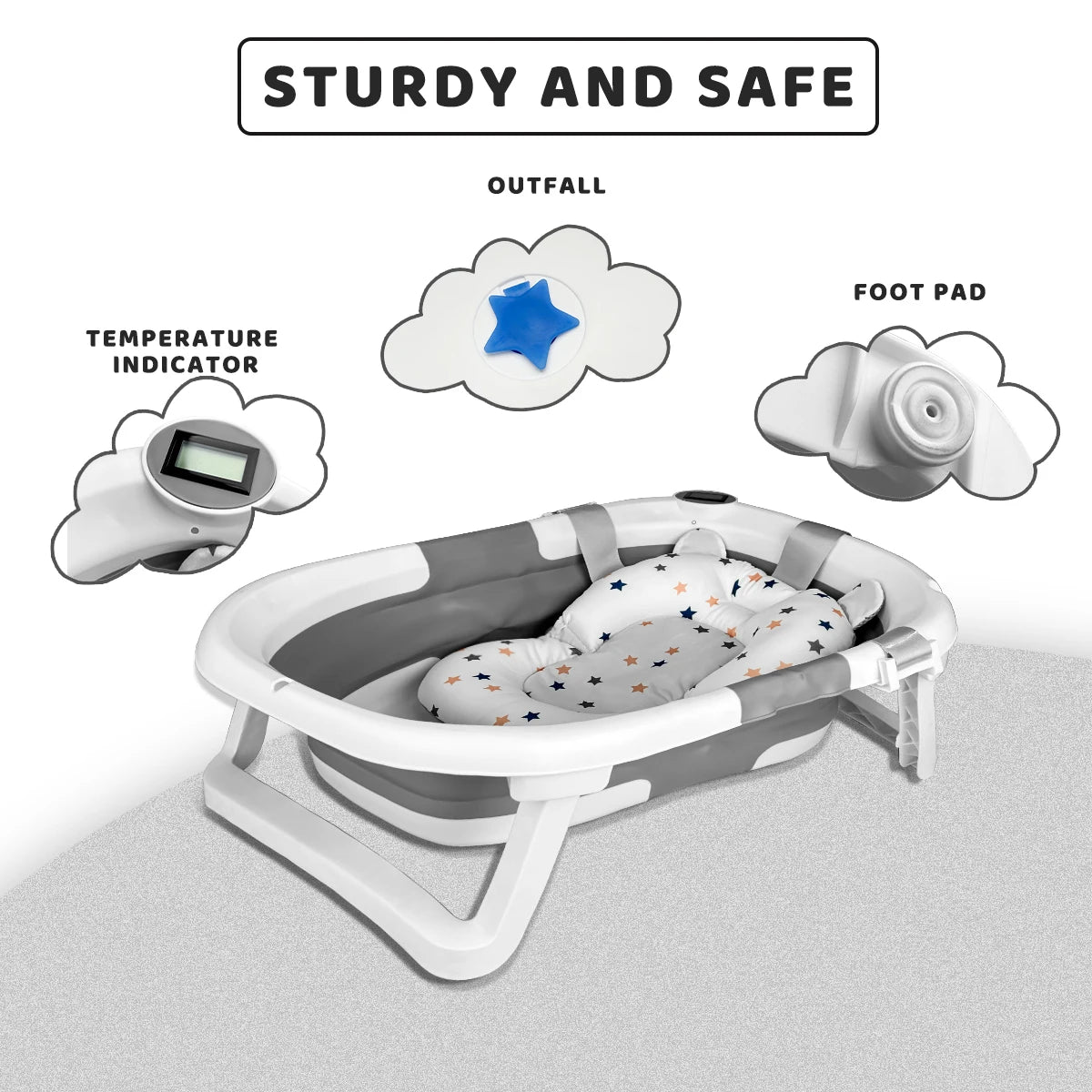 Foldable Baby Bathtub With Soft Cushion And Thermometer