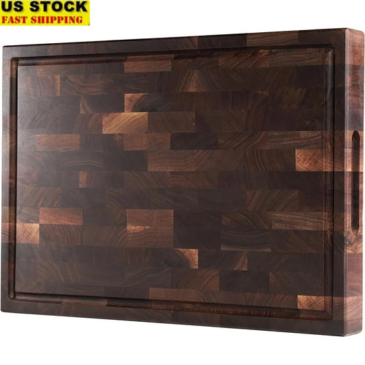 American Walnut Wood Cutting Board with Juice Groove Built-In Handles Reversible End Grain Kitchen Gift Box Sustainable Durable