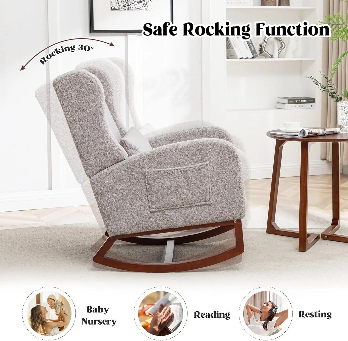Rocking Chair Nursery with Foot Rest Wingback Nursery Rocking Chairs Teddy Nursing Glider Rocker Chair with Pillow and Adjustable Footrest