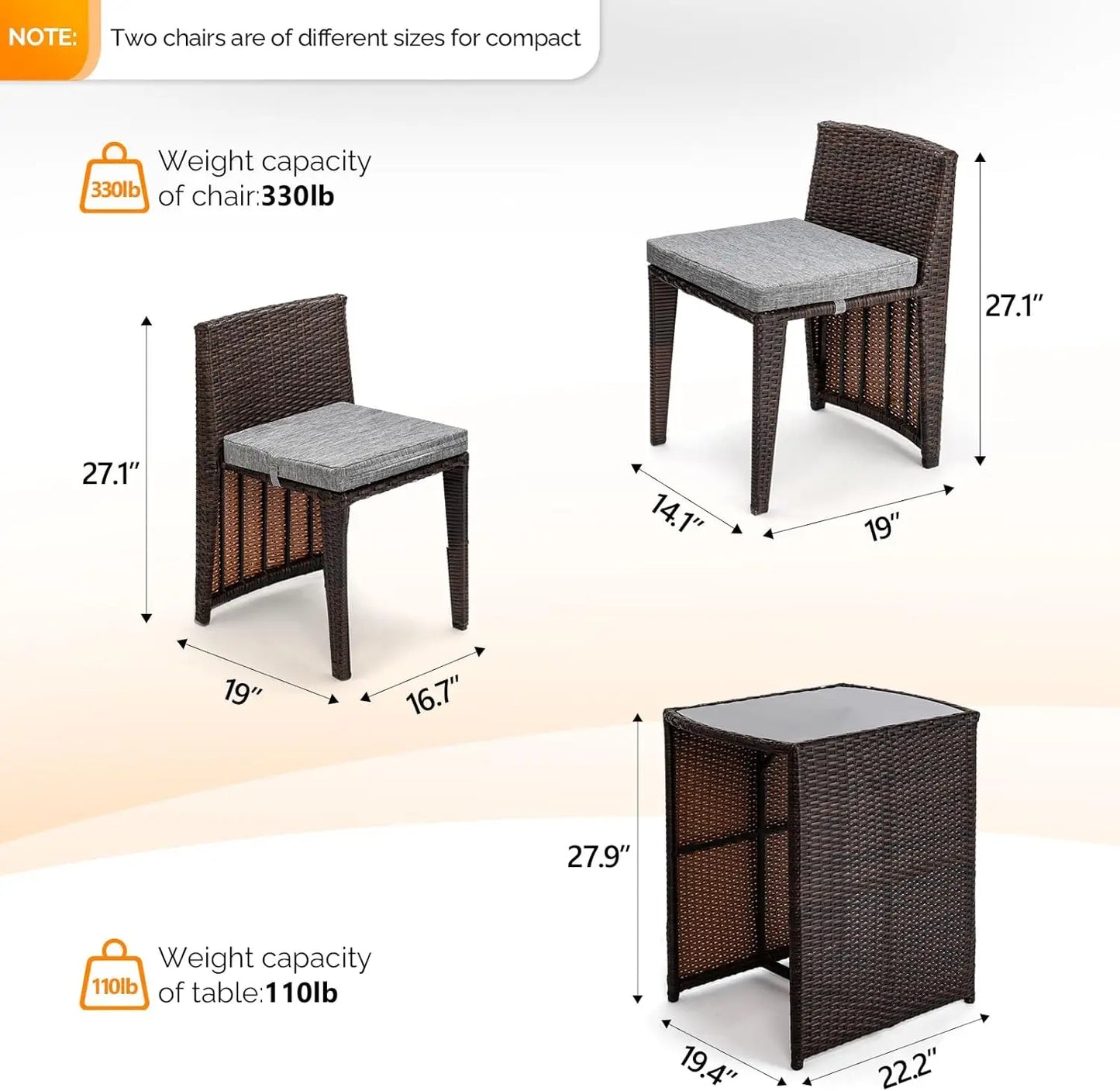 3 PCS Wicker Outdoor Patio Bistro Set with Glass Top Table and Dining Chairs for Small Space Balcony Garden and Porch Furniture
