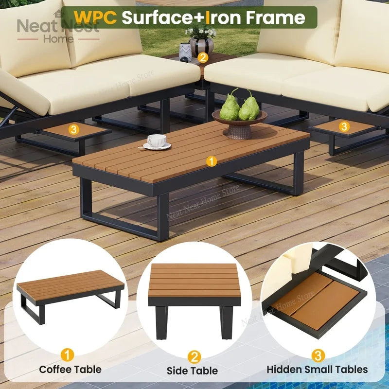 Adjustable Reclining Outdoor Sectional Sofa Set for Backyard Poolside and Balcony Beige Patio Furniture