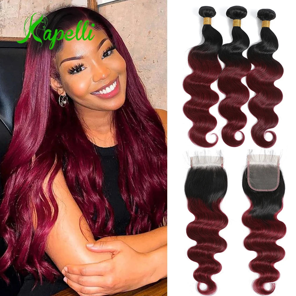 1B99J Body Wave Bundles With Closure Brazilian Human Hair Weave 4x4 Lace Closure 3/4 Bundles Remy Hair Extensions
