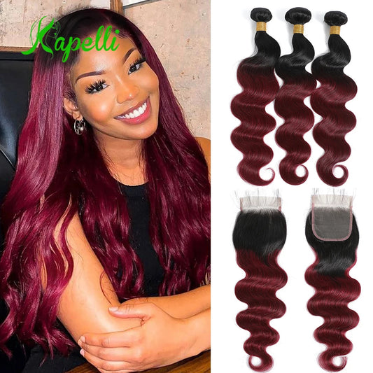 1B99J Body Wave Bundles With Closure Brazilian Human Hair Weave 4x4 Lace Closure 3/4 Bundles Remy Hair Extensions