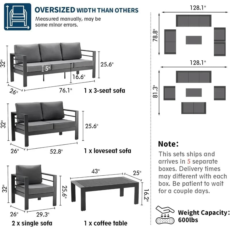Oversized Outdoor Aluminum Patio Furniture Set Sectional Sofa with Cushions for Patios and Gardens