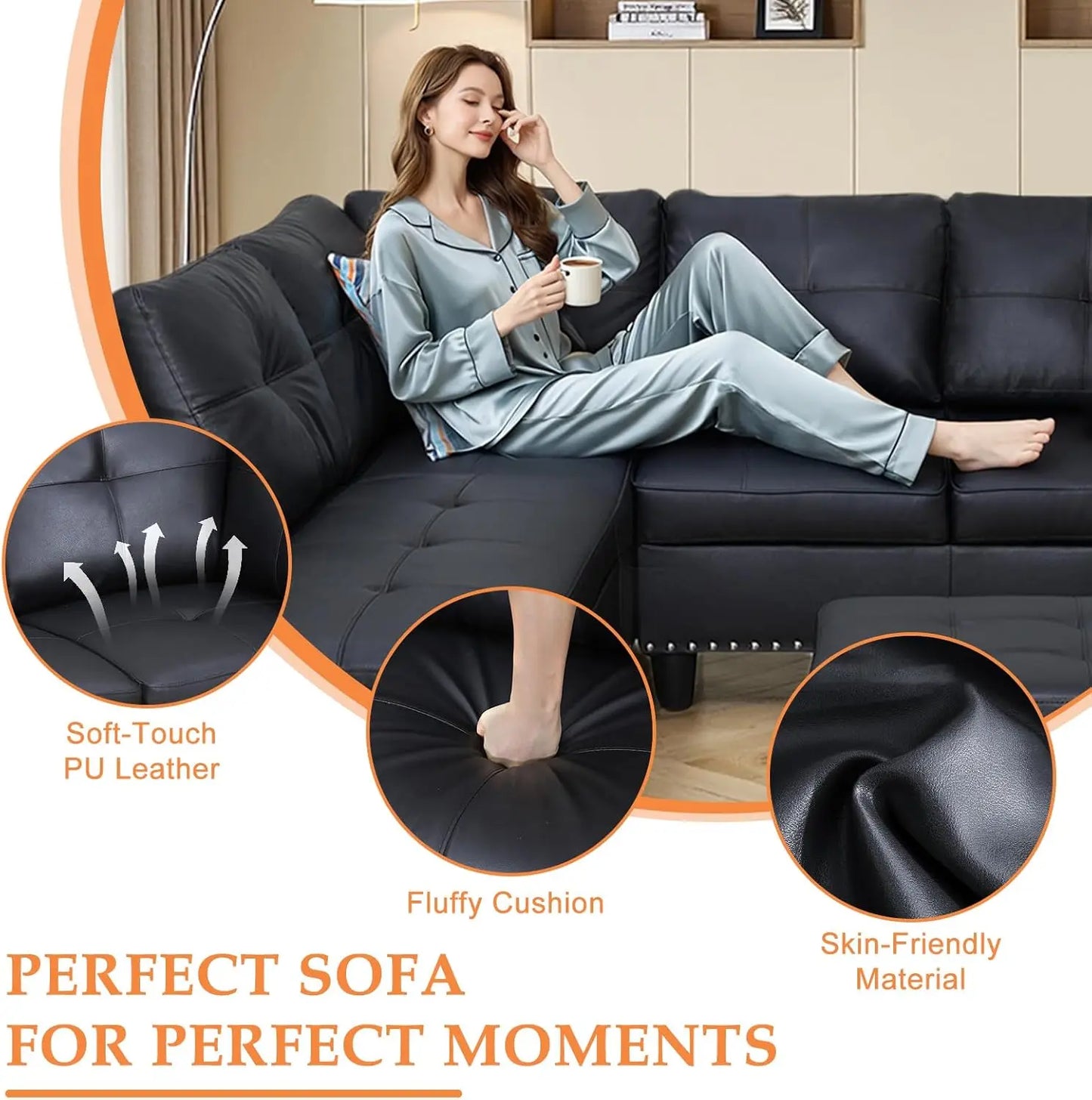 Sectional Sofa Couch Modern 4-Seaters Living Room Furniture Sets with Chaise Lounge Ottoman and 2 Pillows L Shape Couch