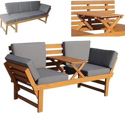 Outdoor Acacia Wood Patio 3 Seat Lounge with Fold Down Center Table Weather Resistant Outdoor Furniture