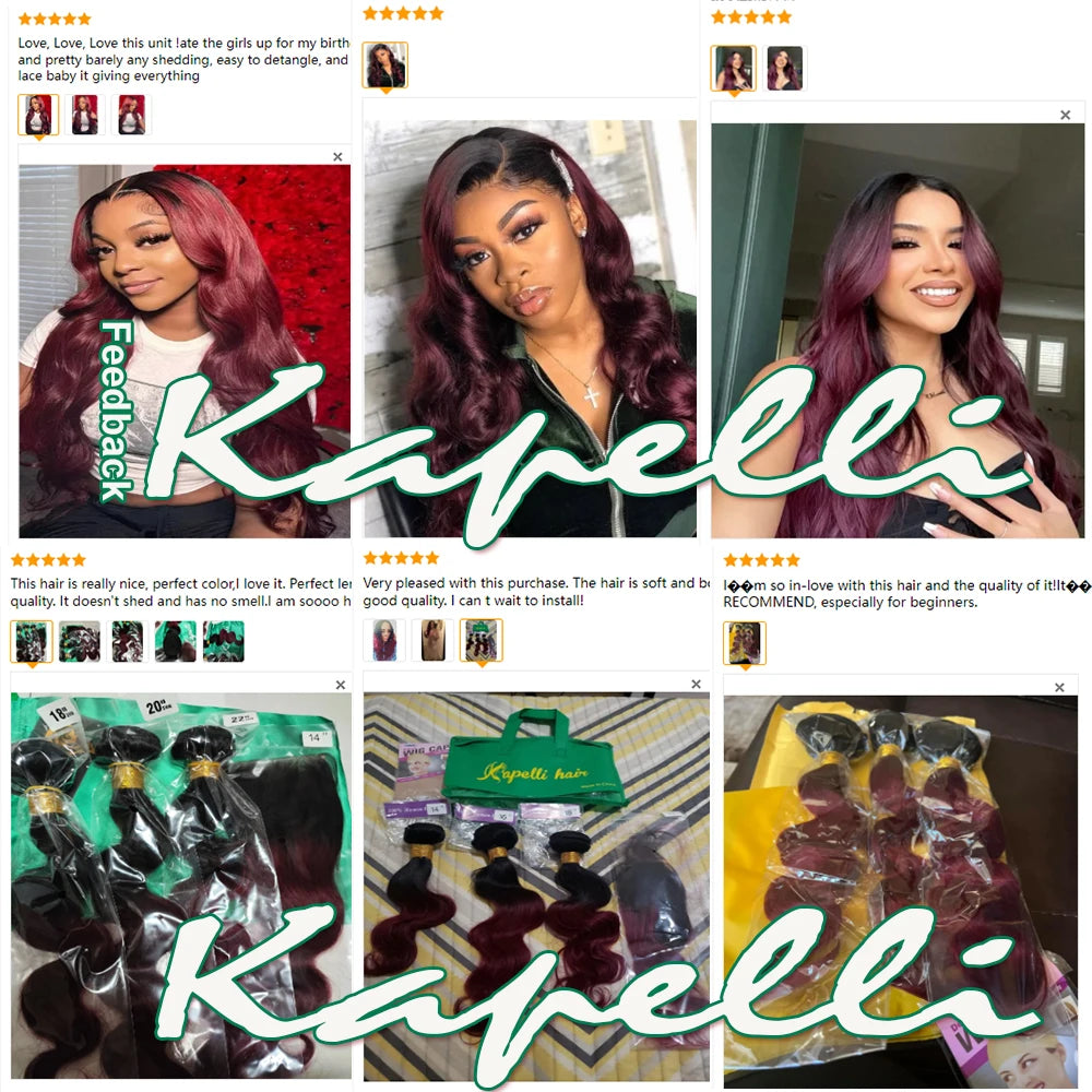 1B99J Body Wave Bundles With Closure Brazilian Human Hair Weave 4x4 Lace Closure 3/4 Bundles Remy Hair Extensions