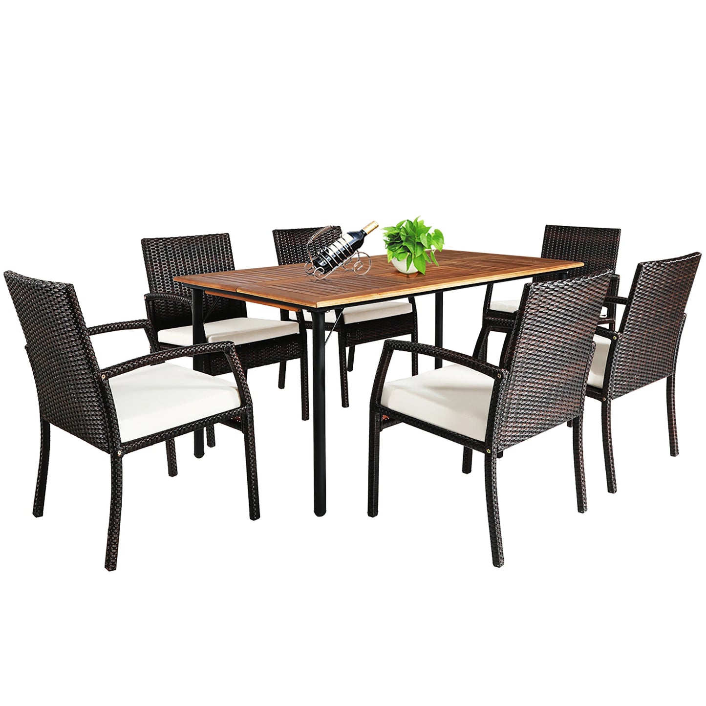 7 Piece Patio Rattan Dining Set with Wooden Table Top and Umbrella Hole