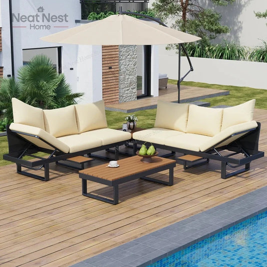 Adjustable Reclining Outdoor Sectional Sofa Set for Backyard Poolside and Balcony Beige Patio Furniture