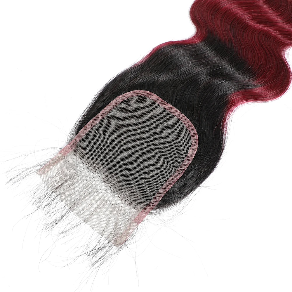 1B99J Body Wave Bundles With Closure Brazilian Human Hair Weave 4x4 Lace Closure 3/4 Bundles Remy Hair Extensions