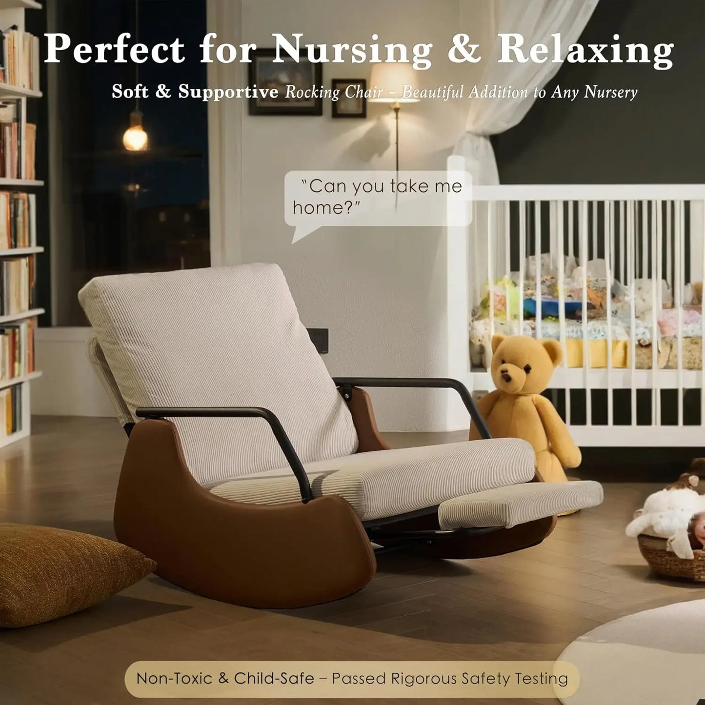 Nursery Rocking Chair with Adjustable Backrest and Footrest Soft Fabric Upholstered Small Glider Rocker Modern Living Room Armchair Bedroom Chair Brown Faux Leather Beige Corduroy