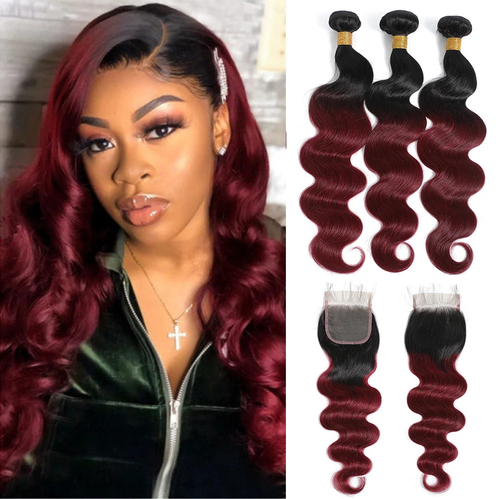 1B99J Body Wave Bundles With Closure Brazilian Human Hair Weave 4x4 Lace Closure 3/4 Bundles Remy Hair Extensions