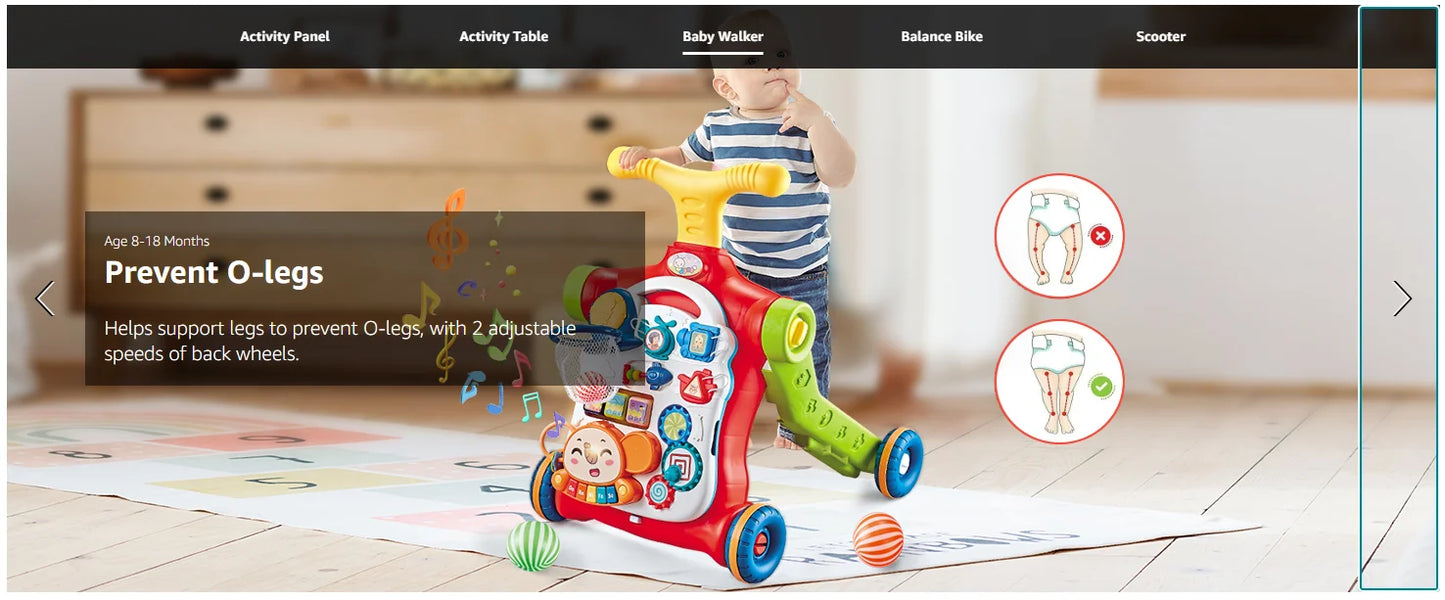 VATOS Baby Walker 5 in 1 Sit to Stand Learning Scooter Balance Bike Push Walker Table Toys with Music for Toddlers and Infant Kids