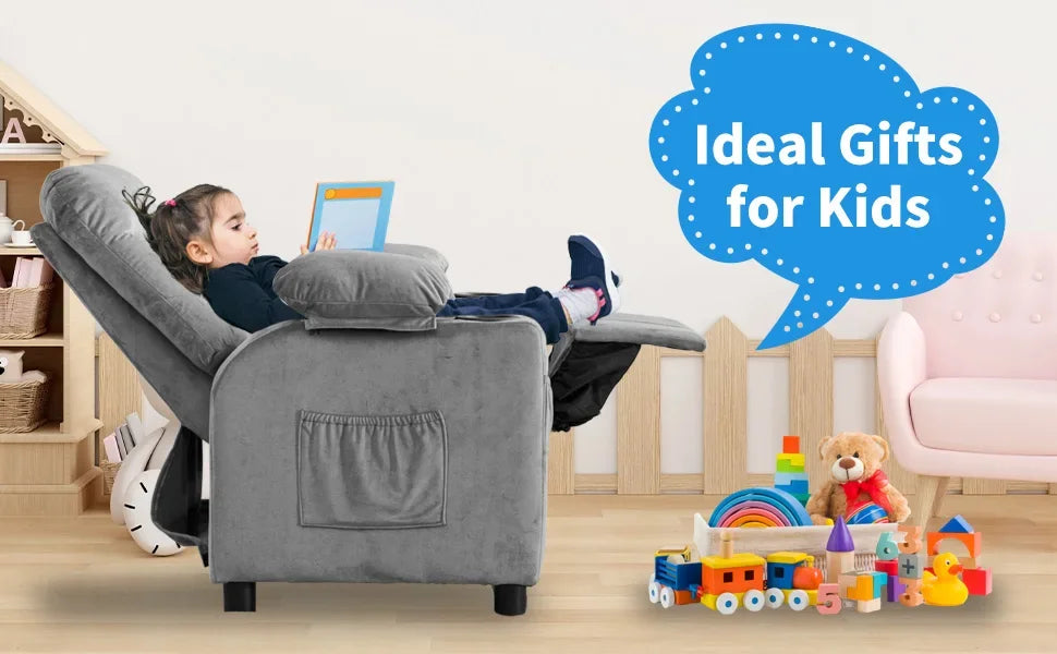 Toddlers Kids Recliner Chair Ergonomic Adjustable Chair with Footrest and Side Pockets Baby Sofa for Boys and Girls Bedroom Gray