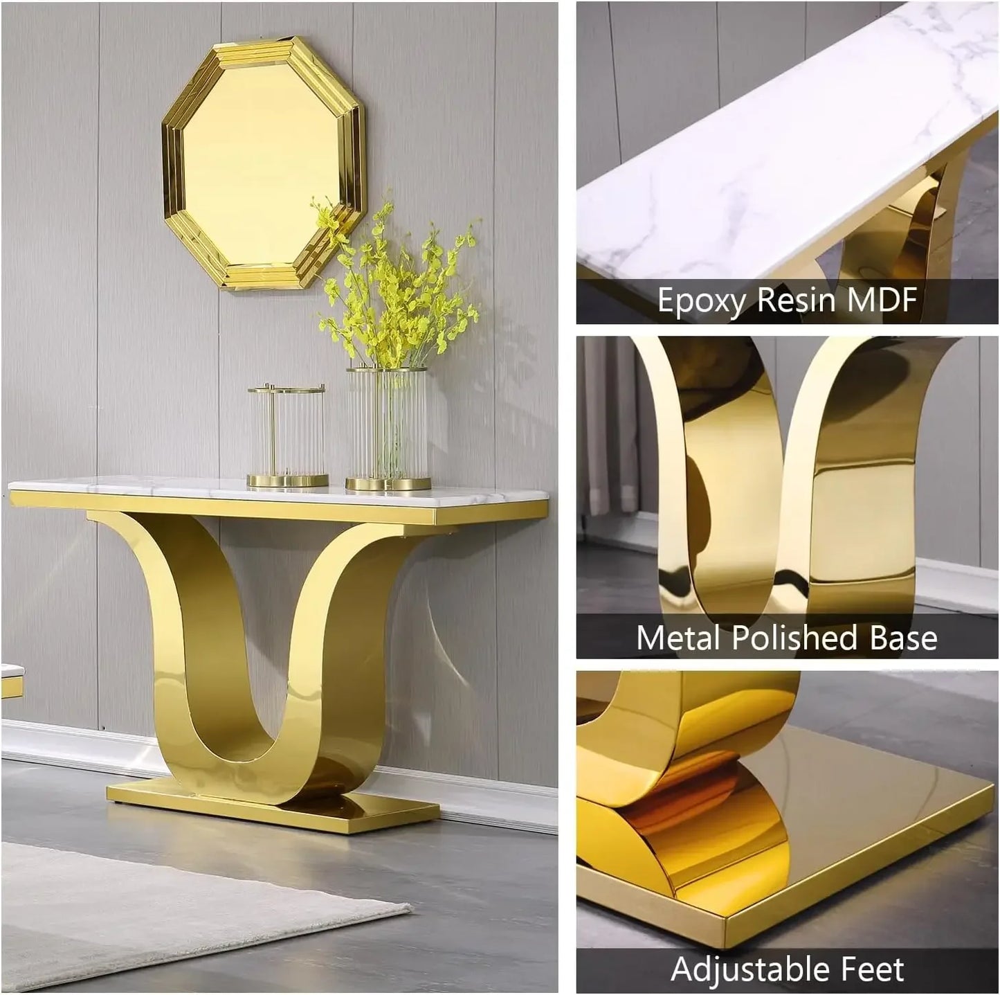 White and Gold 50 Inch Rectangle Console Table for Living Room Entryway Office Foyer Front Hall