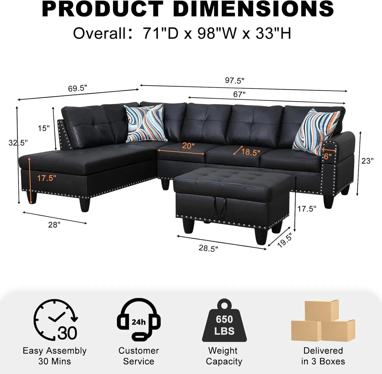 Sectional Sofa Couch Modern 4-Seaters Living Room Furniture Sets with Chaise Lounge Ottoman and 2 Pillows L Shape Couch