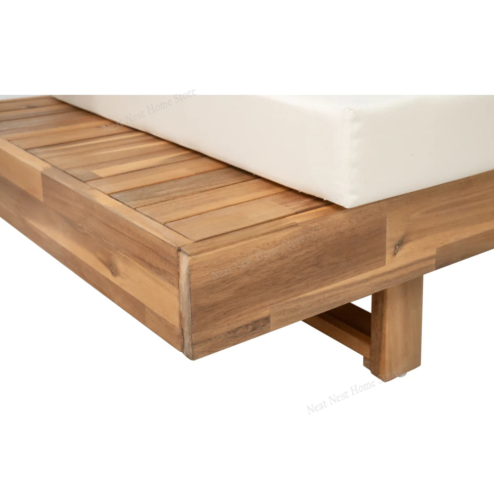 4 Piece Acacia Wood Patio Furniture L Shaped Sectional Sofa Set with Coffee Table and Built in Side Table