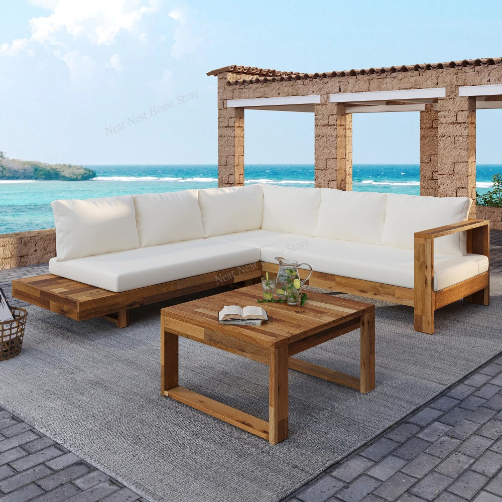 4 Piece Acacia Wood Patio Furniture L Shaped Sectional Sofa Set with Coffee Table and Built in Side Table