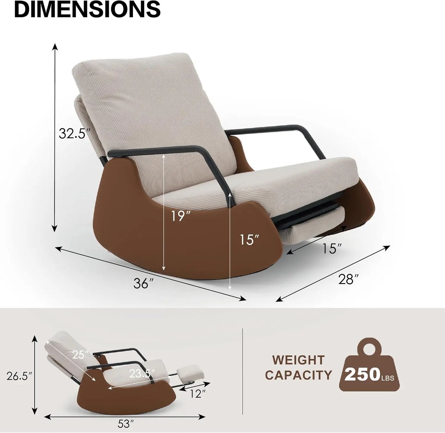 Nursery Rocking Chair with Adjustable Backrest and Footrest Soft Fabric Upholstered Small Glider Rocker Modern Living Room Armchair Bedroom Chair Brown Faux Leather Beige Corduroy