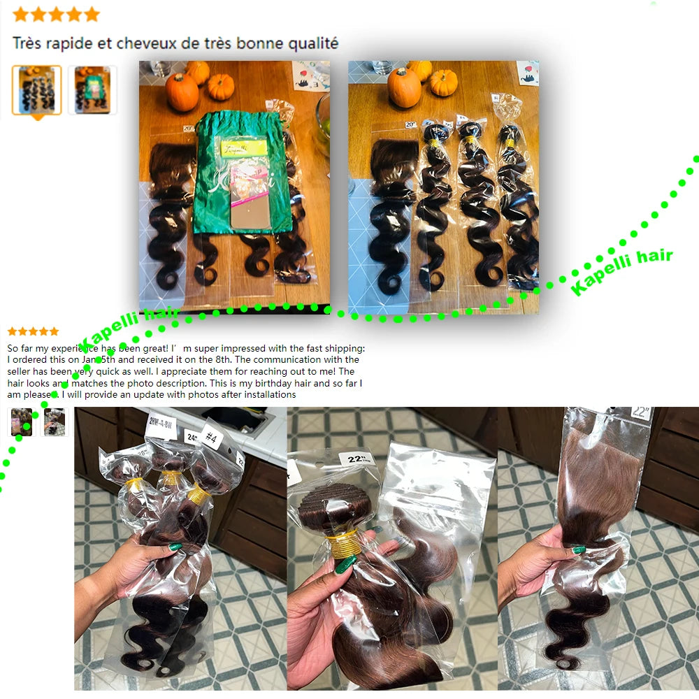 10A Brazilian Body Wave Bundles with 4x4 Lace Closure Brown Blonde Human Hair Remy 3/4 Bundles