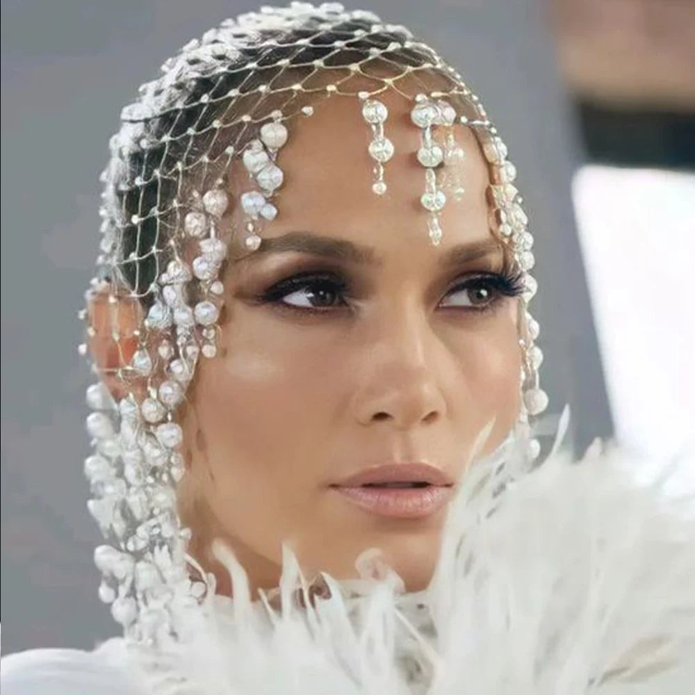 Stonefans Wedding Pearl Tassel Hair Accessories Handmade Hollowed Mesh Headband Headpiece Head Chain Head Cap 2024 Gifts