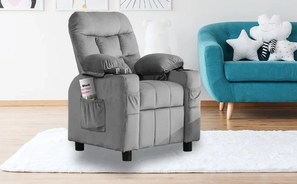 Toddlers Kids Recliner Chair Ergonomic Adjustable Chair with Footrest and Side Pockets Baby Sofa for Boys and Girls Bedroom Gray