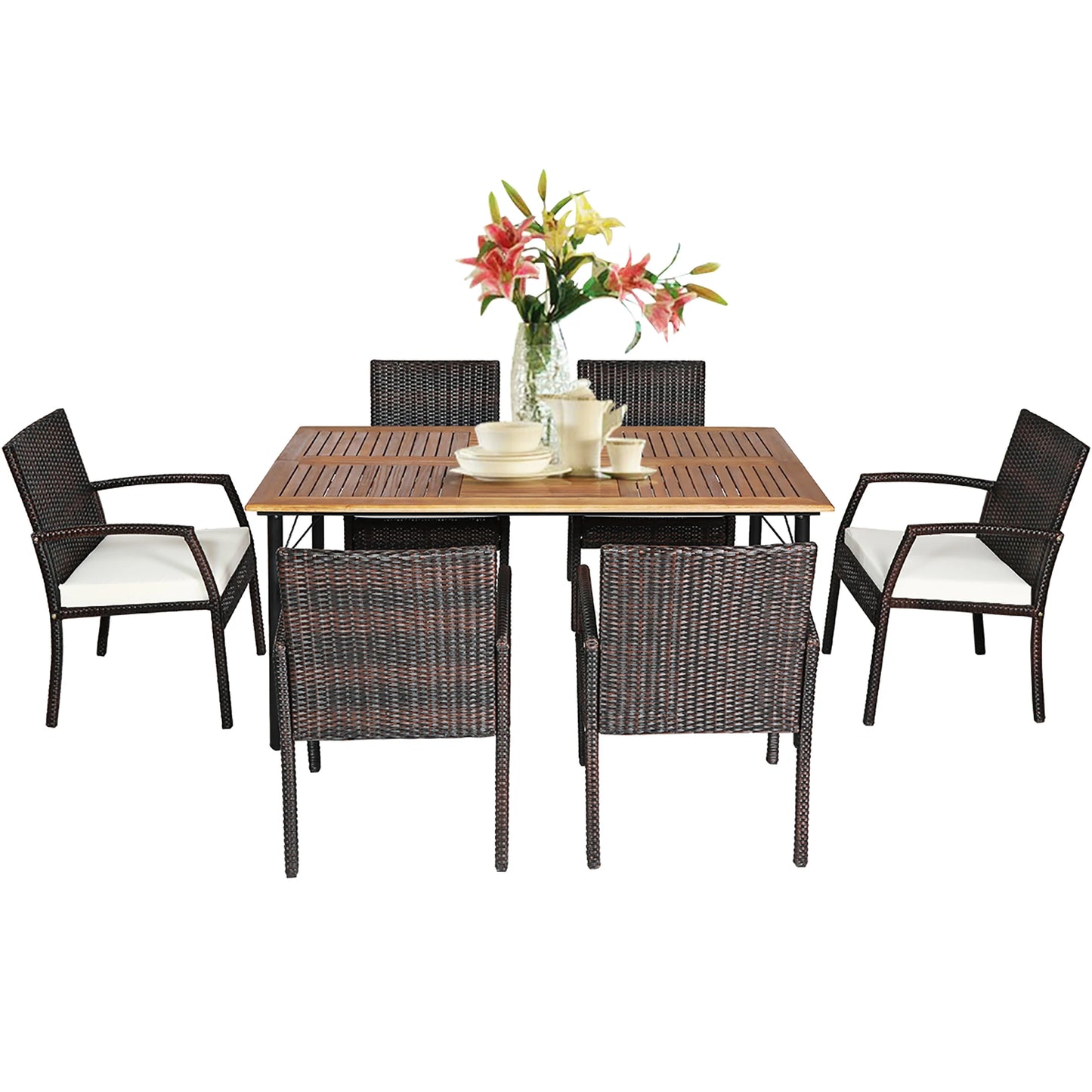 7 Piece Patio Rattan Dining Set with Wooden Table Top and Umbrella Hole