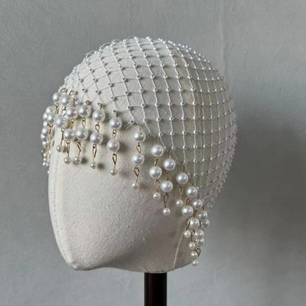 Stonefans Wedding Pearl Tassel Hair Accessories Handmade Hollowed Mesh Headband Headpiece Head Chain Head Cap 2024 Gifts