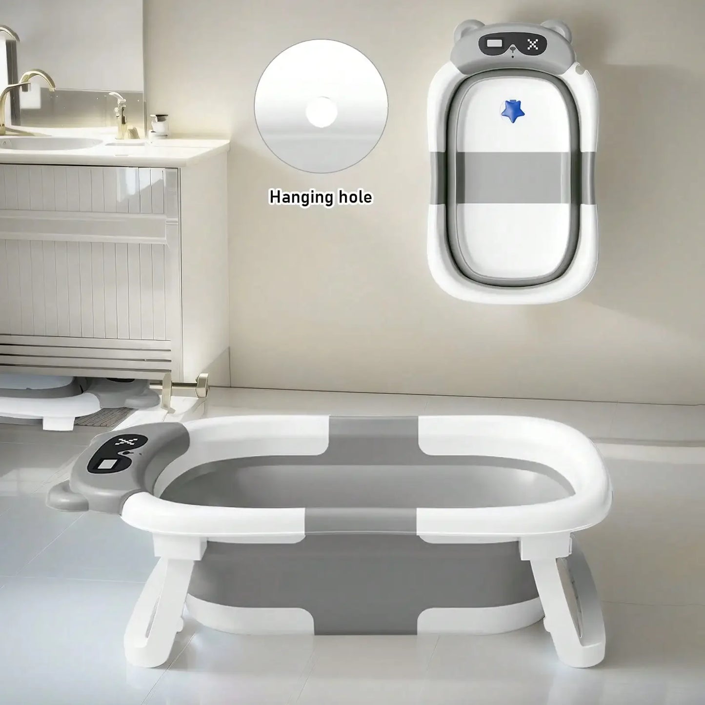 Folding Baby Bathtub with Thermometer and Cushion Support