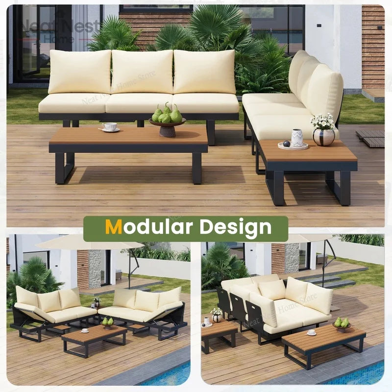 Adjustable Reclining Outdoor Sectional Sofa Set for Backyard Poolside and Balcony Beige Patio Furniture