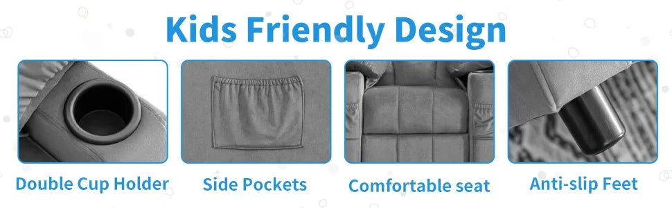 Toddlers Kids Recliner Chair Ergonomic Adjustable Chair with Footrest and Side Pockets Baby Sofa for Boys and Girls Bedroom Gray