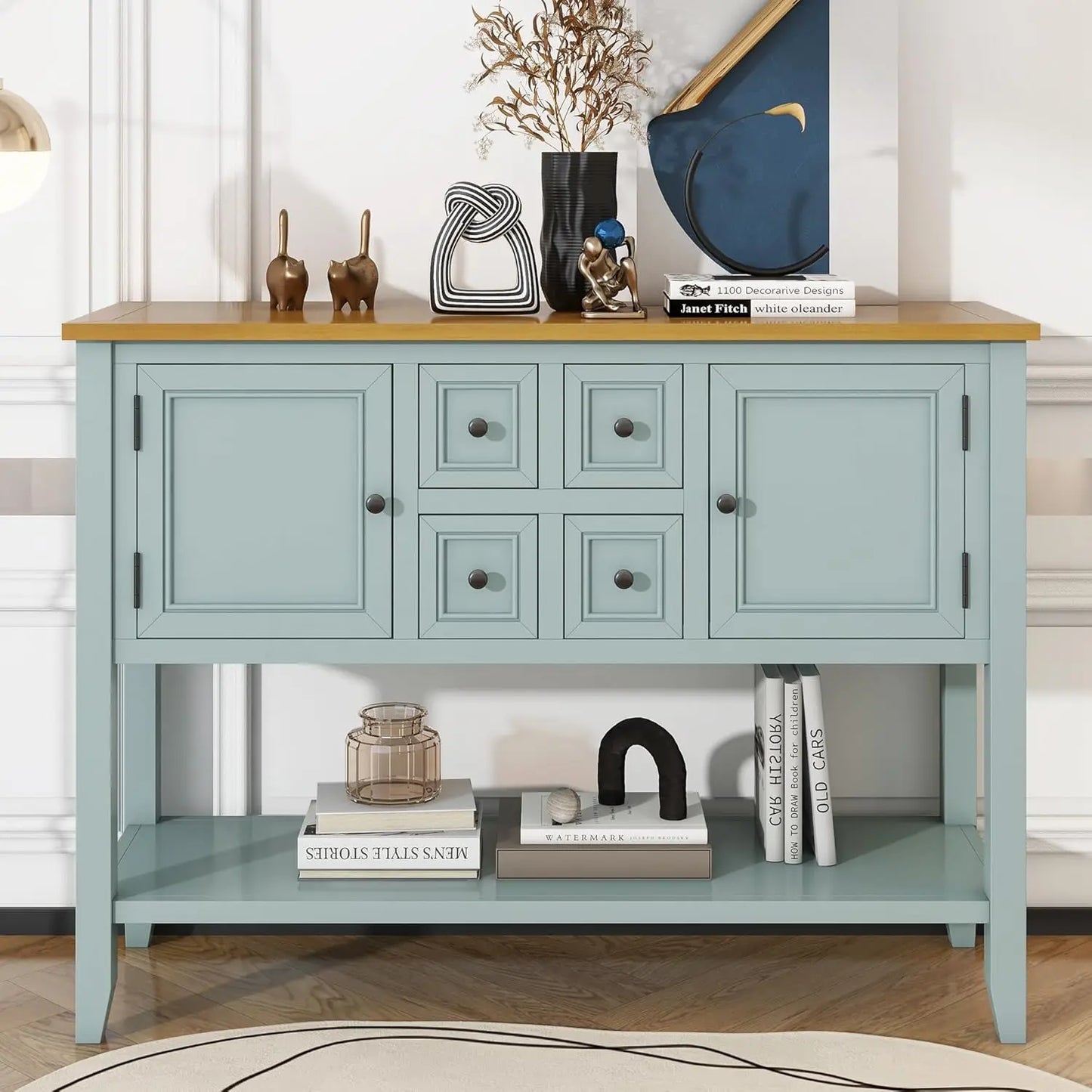 Console Table Sideboard Sofa Entryway Side Table Furniture with Six Drawers and Bottom Shelf for Living Room Home Decor