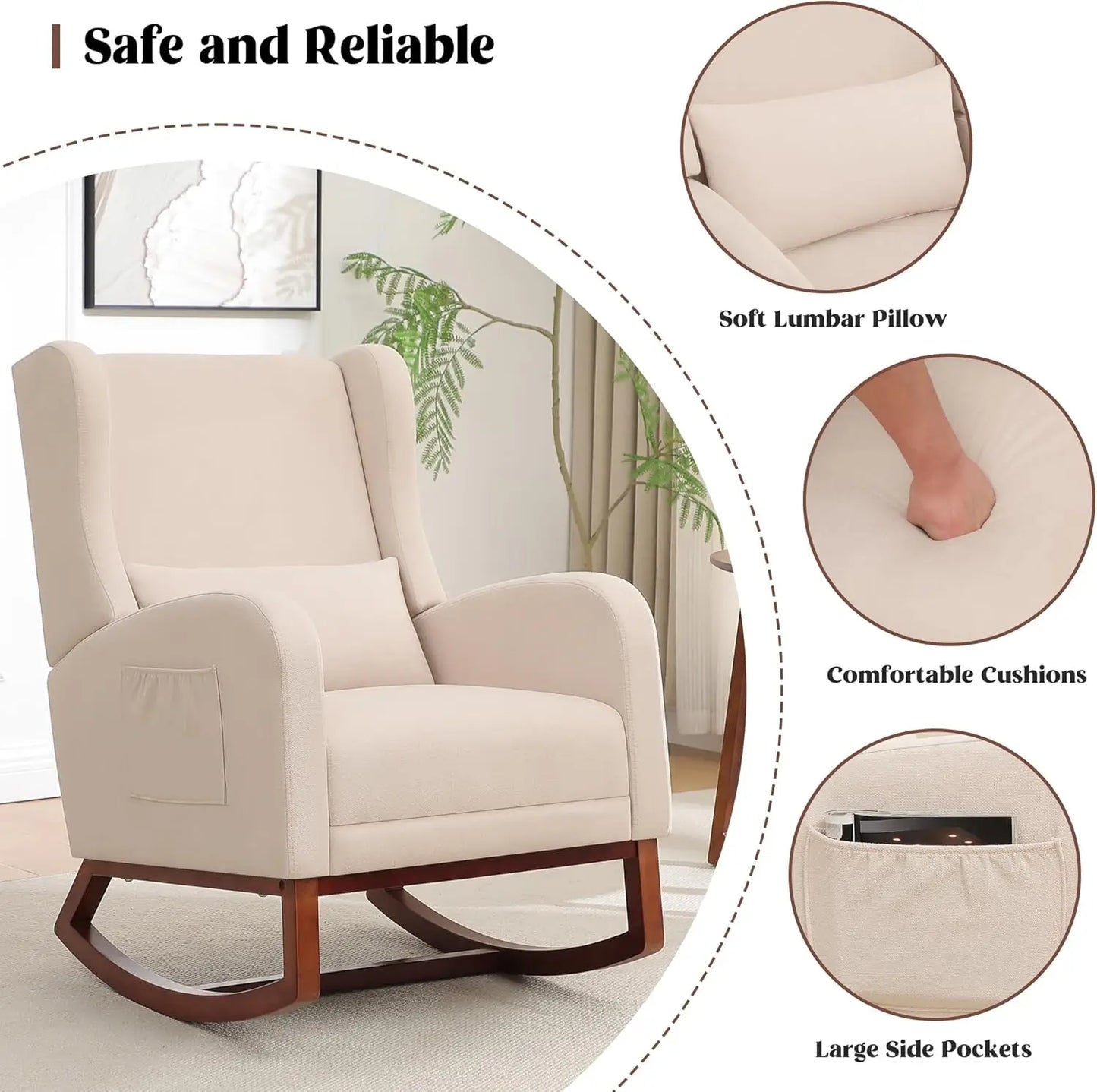 Rocking Chair Nursery with Foot Rest Wingback Nursery Rocking Chairs Teddy Nursing Glider Rocker Chair with Pillow and Adjustable Footrest