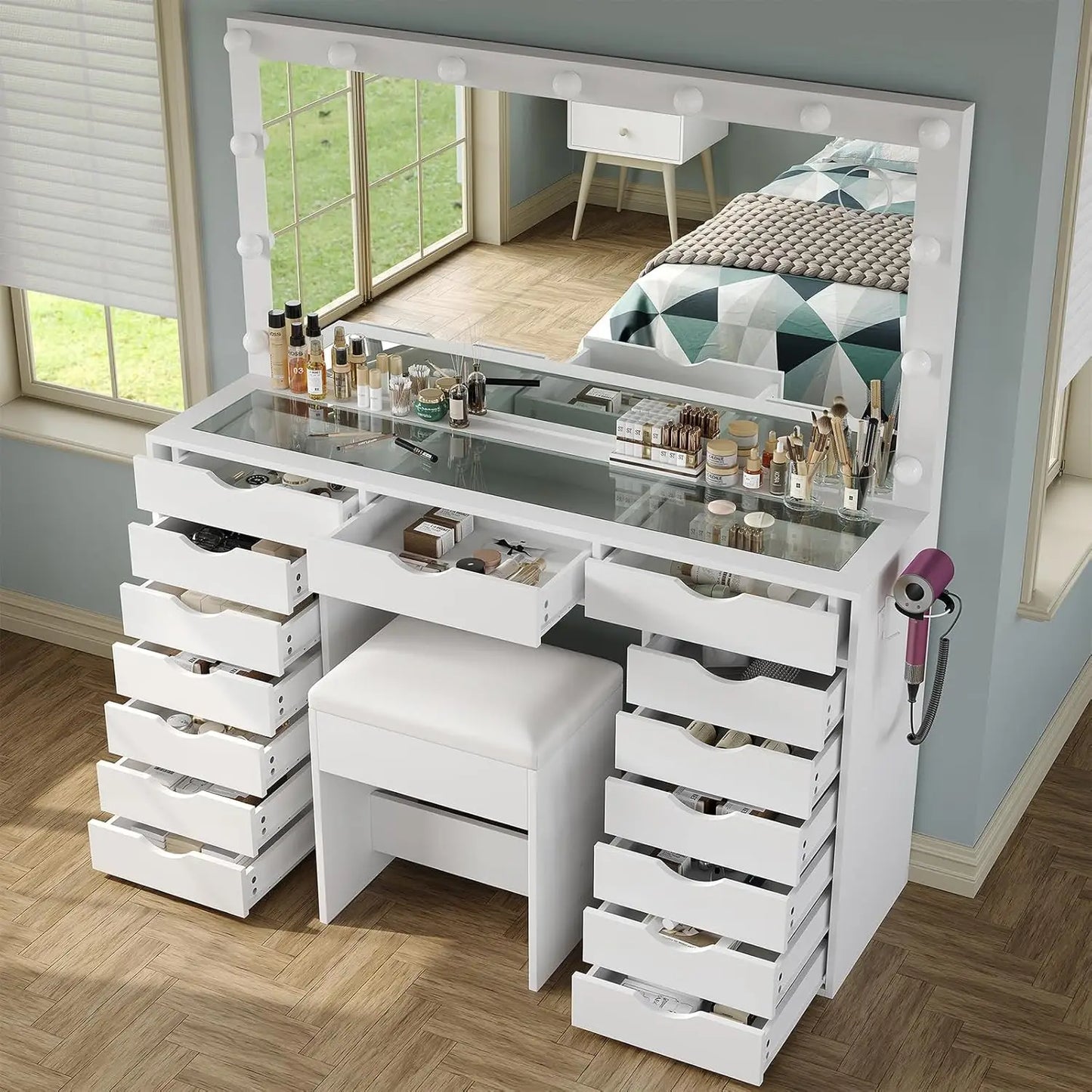 Vanity Desk with Mirror and Lights Makeup Table with Charging Station 3 Color Lighting Modes 15 Drawers Dressing Table with Chair for Bedroom White